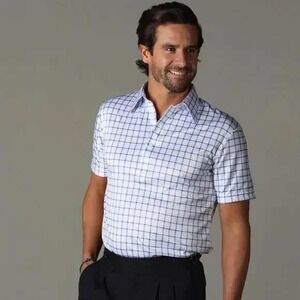 Collars & Co Dress Collar Polo Shirt Mens Small White Blue Check Performance NWT
